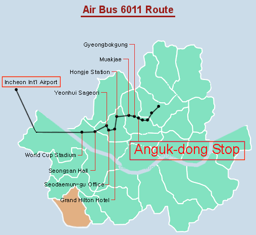 韓國仁川機場巴士往安國洞路線圖