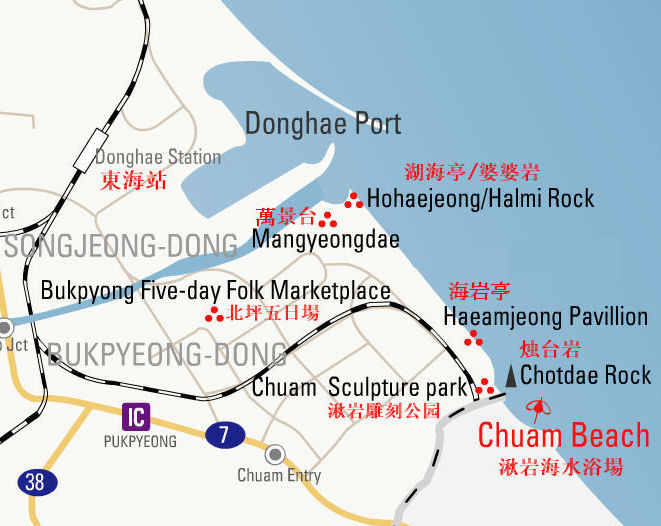 韓國江原道東海、湫岩旅遊景點及地圖