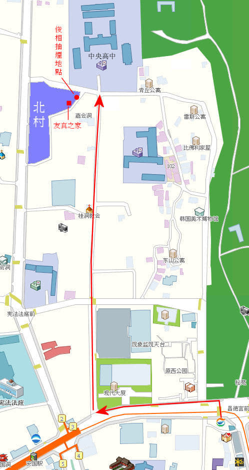 韓國首爾昌德宮往中央高中及北村路線圖